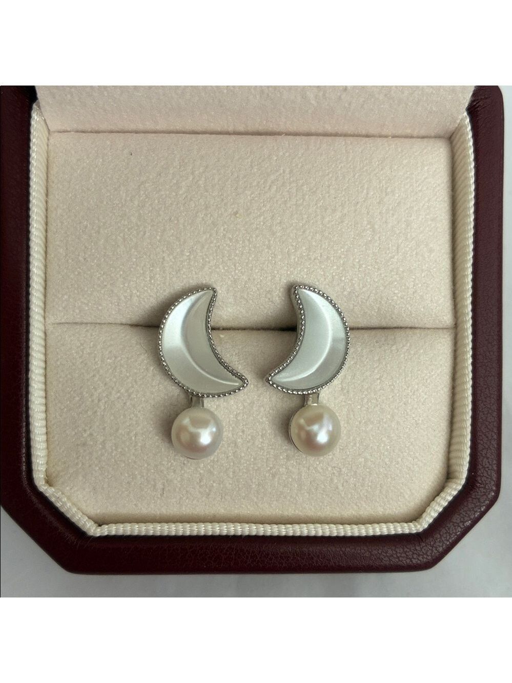 Silver moon Pearl Earrings | Sterling Silver Posts | Holiday Gift for Her - Picture 1 of 7